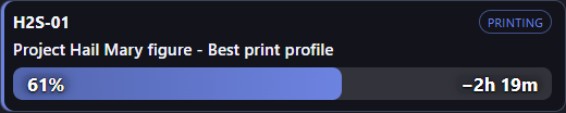 Compact overlay showing printer name, job name, printing badge, progress percent, and remaining time